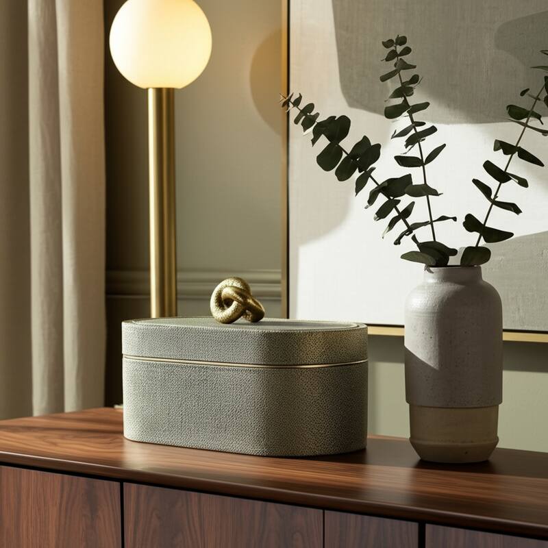 Oval Shape Decorative Box with Textured Finish - Multi-Purpose Decorative Storage and Organizer - 14", Tan - 14" x 7" x 8.25" - Green - 14" x 7" x 8.25"