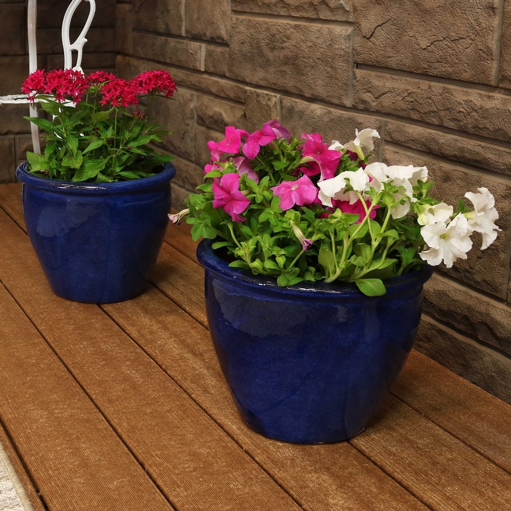 Indoor Outdoor Flower Plant Pot Black Main Set of 2 Includes 7.25 x 7.25 and 11.25 x 10 Mesa Stoneware Ceramic Planters 