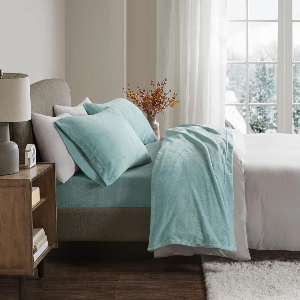 4pc Twin Cozy Soft Micro Fleece Plush Deep Pocket Sheet Set Aqua