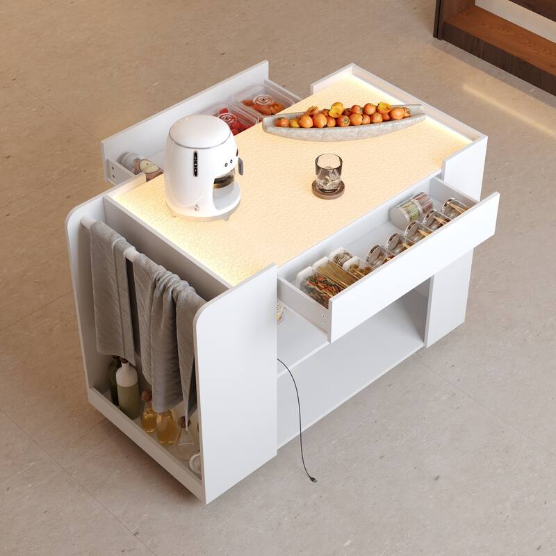 LED Kitchen Island with Tempered Glass Top, Rolling Storage Cabinet with 3-Color Lighting