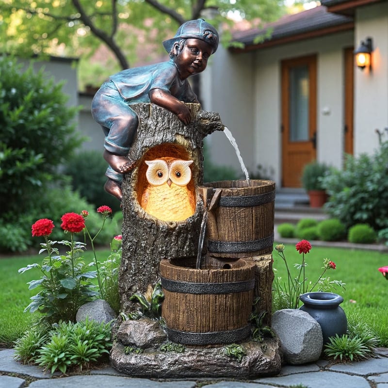 Vbal 3-Tier Outdoor Fountain with Kid and Owl Figures with LED Lights Weather Resistant for Outdoor Decor