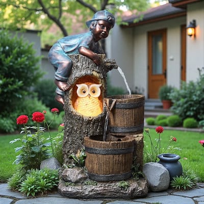 Vbal 3-Tier Outdoor Fountain with Kid and Owl Figures with LED Lights Weather Resistant for Outdoor Decor