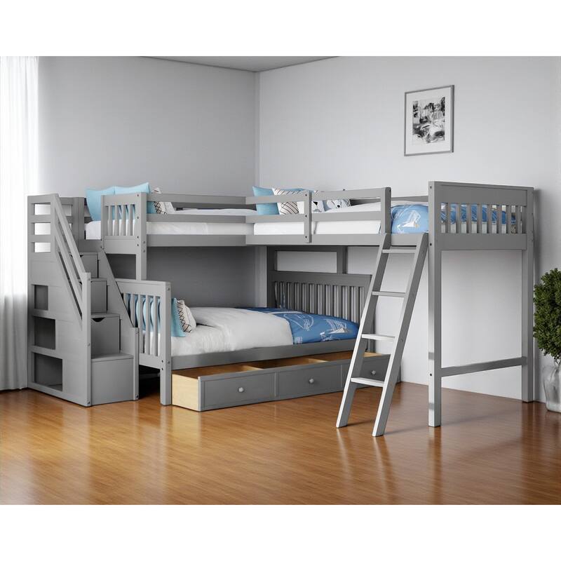 HomeRoots Gray Twin Over Full L Shaped Solid Wood Bunk Bed With Stairs Drawers And Storage - Gray - 118.30 in. x 61.20 in.  x 96.80 in.