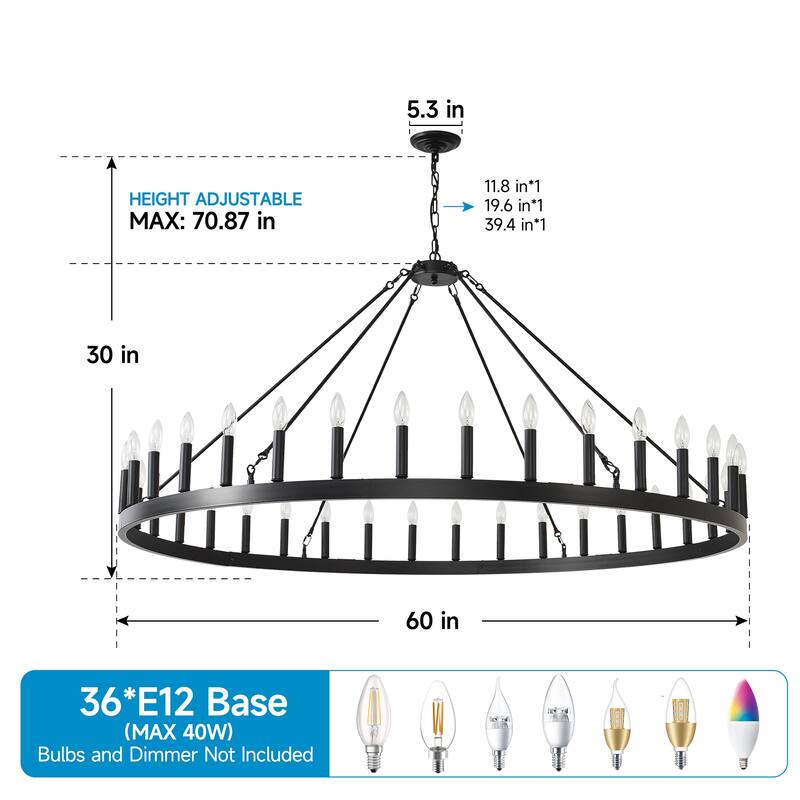 59.1INCH 36-Light Extra Large Wagon Wheel Chandelier, Black Farmhouse Round Wheel Chandelier Light E12