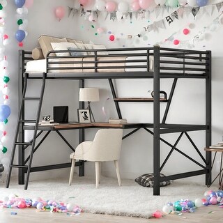 Full Size Loft Metal & MDF Bed with Desk and Shelf,Sturdy Metal Frame,Safety for Kids,No Box Spring Needed,2 Color