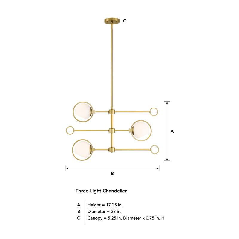 Teatro 28 in. 3-Light Brushed Gold Modern Chandelier with Etched Opal Glass Shades