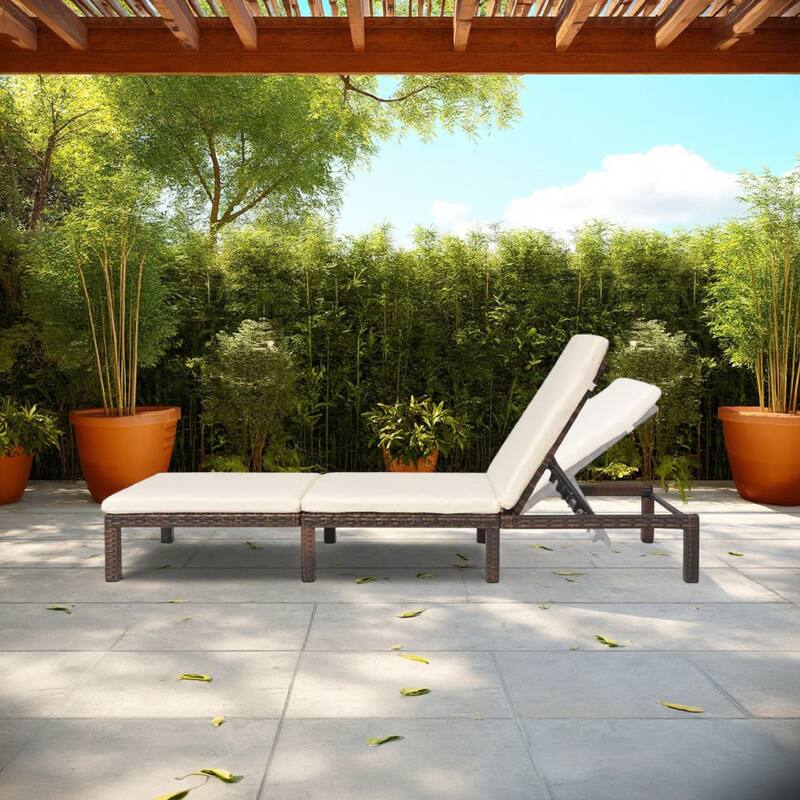 Outdoor Sun Lounger with White Cushion, Adjustable Back, Brown Wood