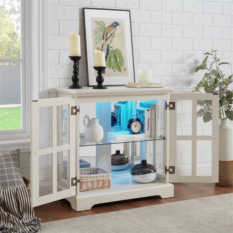 LED Glass Antique Curio Display Cabinet Showcase with Lattice Doors