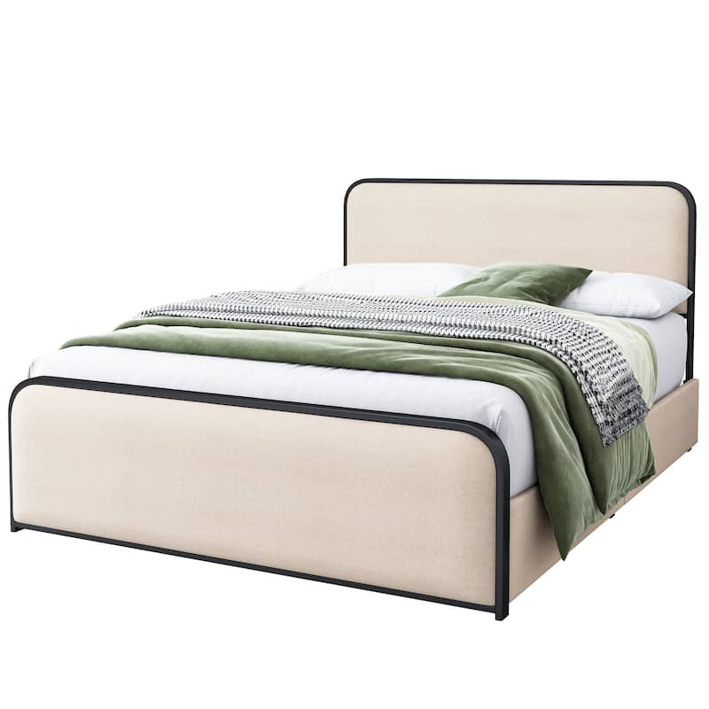 Modern Metal Bed Frame, Linen Upholstered Platform Bed with Curved Headboard and 4 Drawers, Heavy Duty Metal Slats