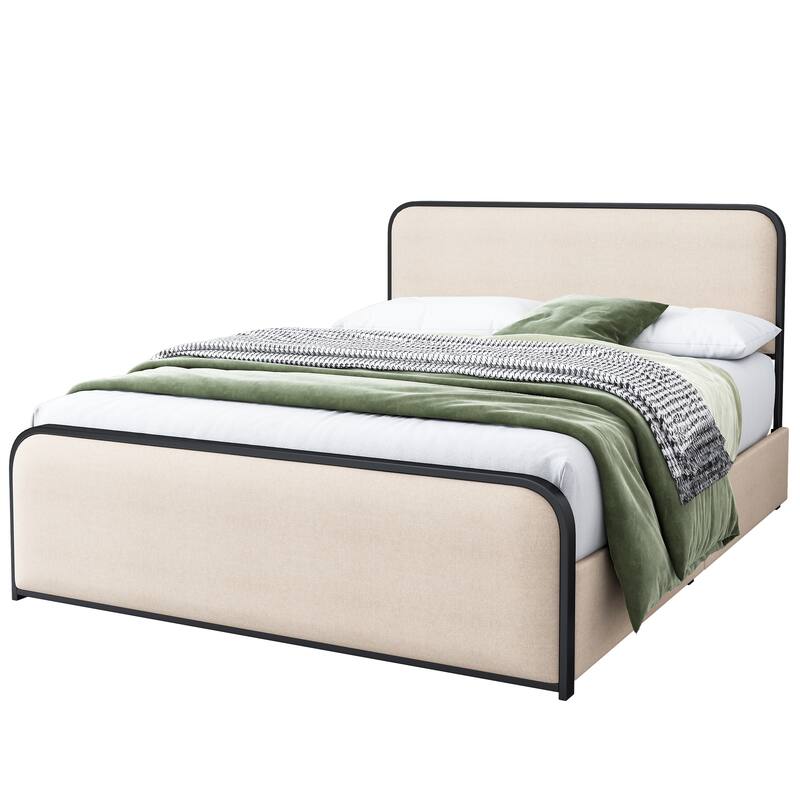 Modern Metal Platform Bed with Curved Upholstered Headboard, 4 Storage Drawers, Heavy Duty Slats, Queen and King Sizes