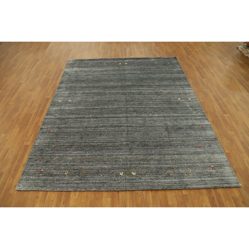 Hand Knotted Oriental Viscose Silk Carpet Tribal Animal Pictorial Greys & Charcoal Gabbeh Area Rug - 9' 10'' X 7' 11''