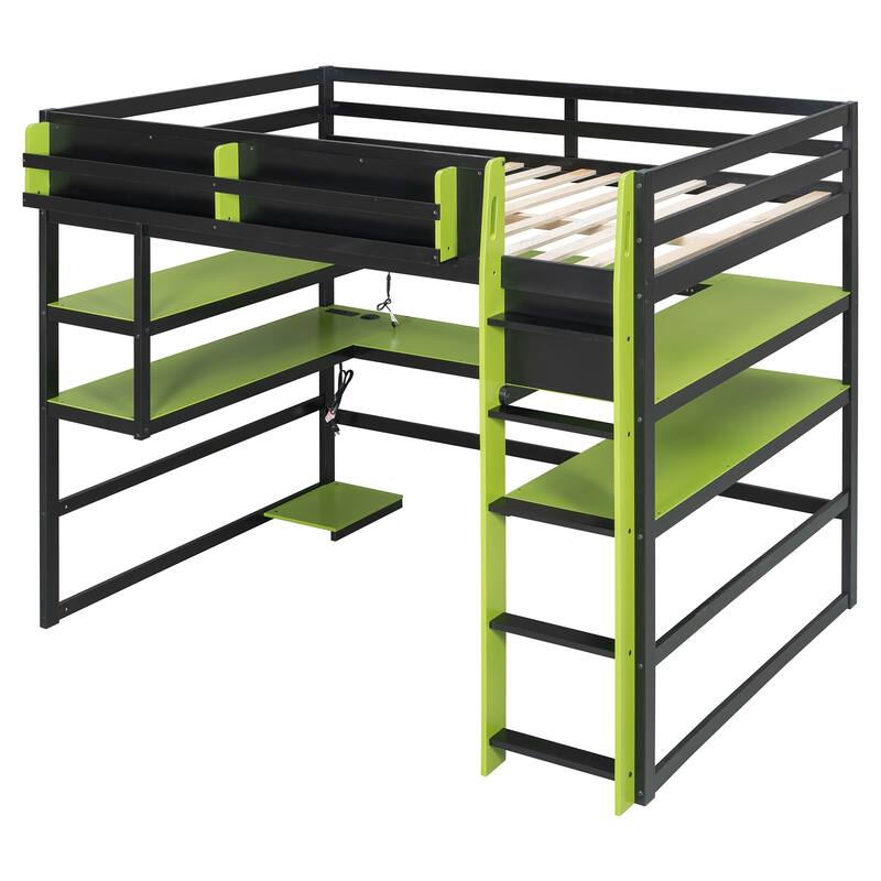 Loft Bed with Wraparound Study Hub, Side Storage Rack, USB Charging & RGB Light by Harper&Bright Designs