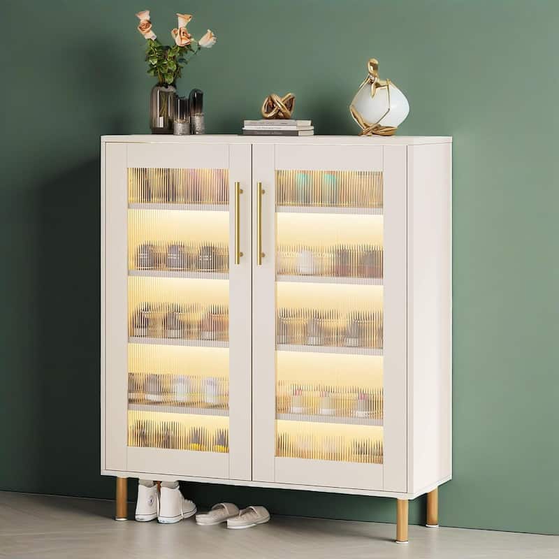 White LED Shoe Cabinet with Acrylic Doors Remote Control Lighting and 5 Tier Storage for 16 to 22 Pairs