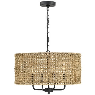 4-Light Bohemian Hand Woven Drum Chandelier - W20" x H75.6" - Black/Straw - Straw - 20 in. W