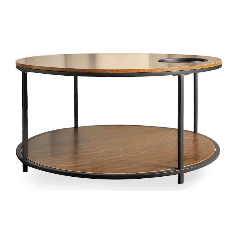 Round 2-Tier Coffee Table with Featuring Built-In Storage Slots and Shelf