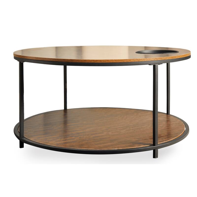Round Coffee Table with Storage Tray and Lower Shelf Two Tier Modern Design