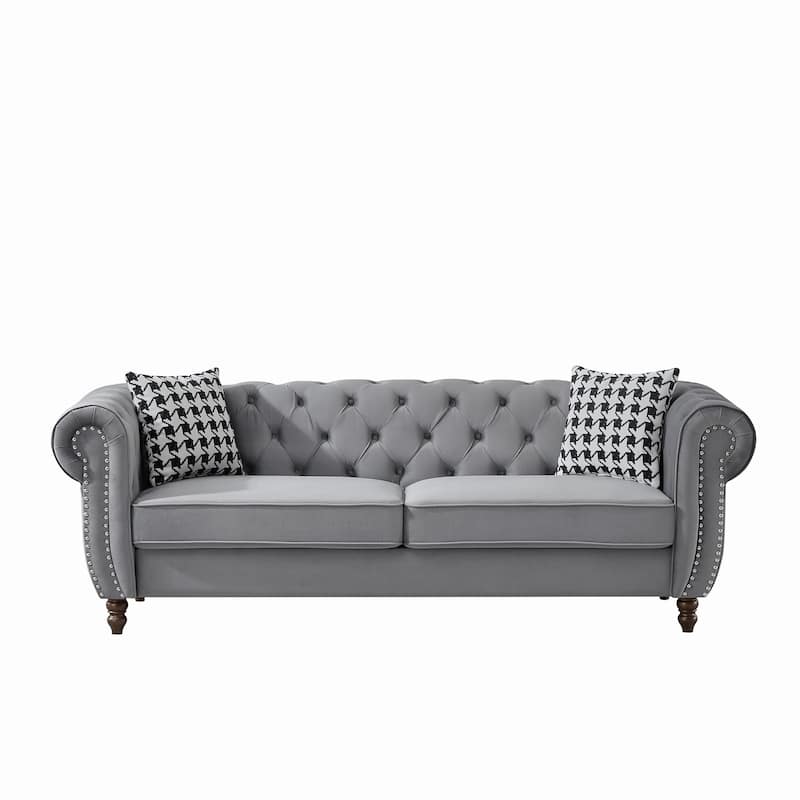 87"Chesterfield ‌Velvet Upholstery Fabric Sofa With Roll Armrest & Nailhead,Upholstered Modern Couch,3 Seater Couch