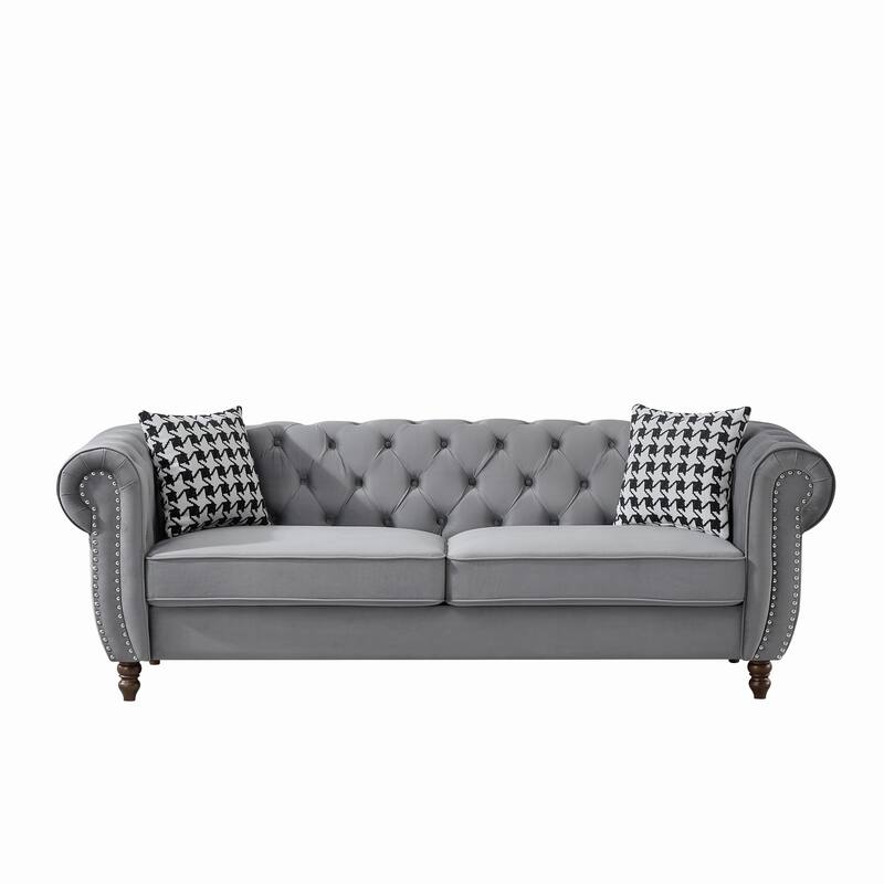 Chesterfield Upholstered 3 Seater Sofa, Velvet Fabric Sofa with Nailhead & Roll Armrest, Lounge Sofa with Solid Wood Frame‌