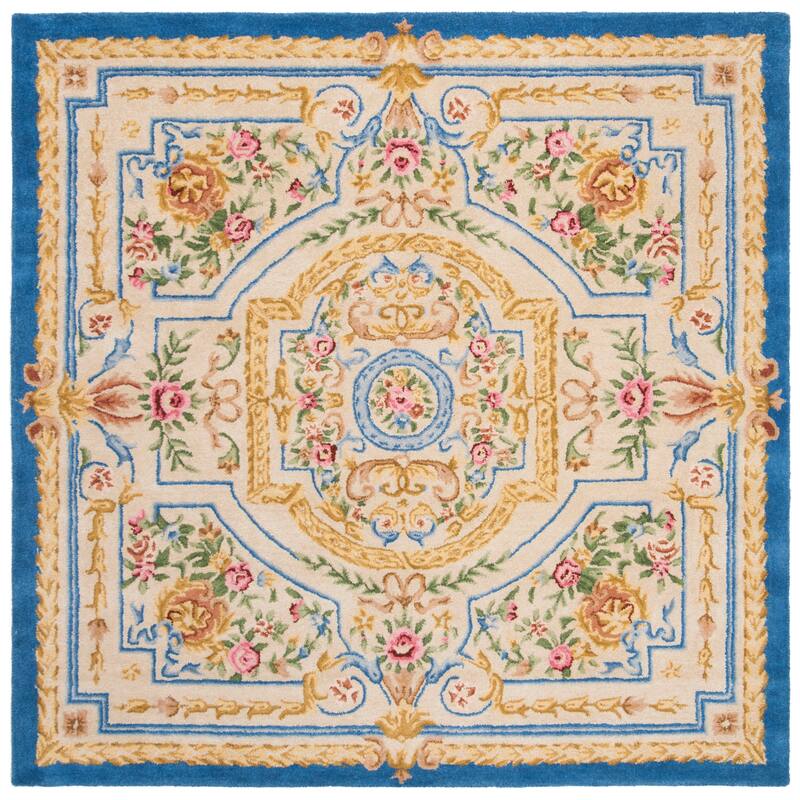 SAFAVIEH Handmade Savonnerie Abbigail Traditional Oriental Wool Rug - 6' Square - Blue/Ivory