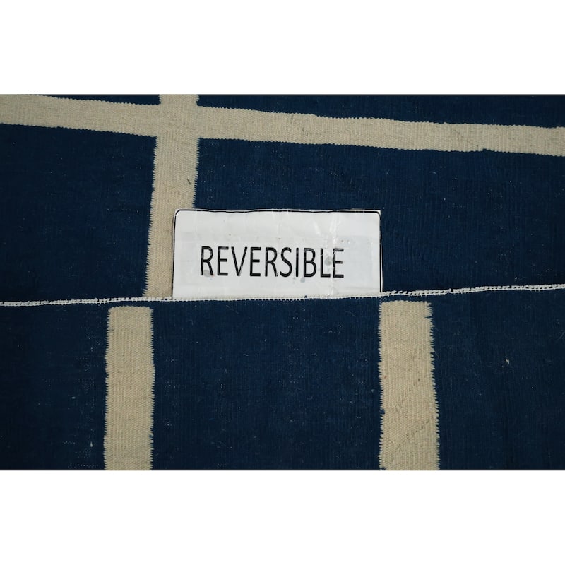 Hand Woven Oriental 100% Wool Carpet Southwestern Modern Navy Blue & Blues Kilim Area Rug - 12' 0'' X 8' 8''