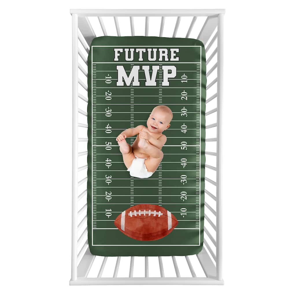 Sweet Jojo Designs Green Football Boy Photo Op Fitted Crib Sheet Future MVP Foot Ball Field Brown and White Vintage Sport Themed