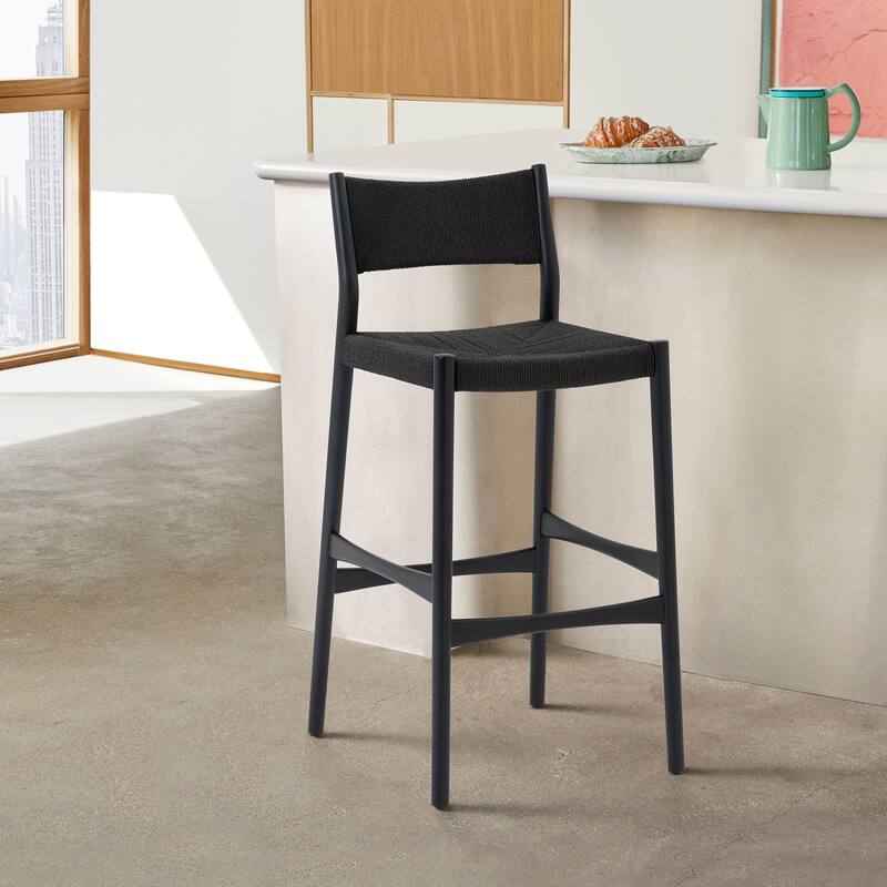 Erie Solid Wood and Woven Paper Cord Bar or Counter Height Chair Bar Stool - Black - Counter Height