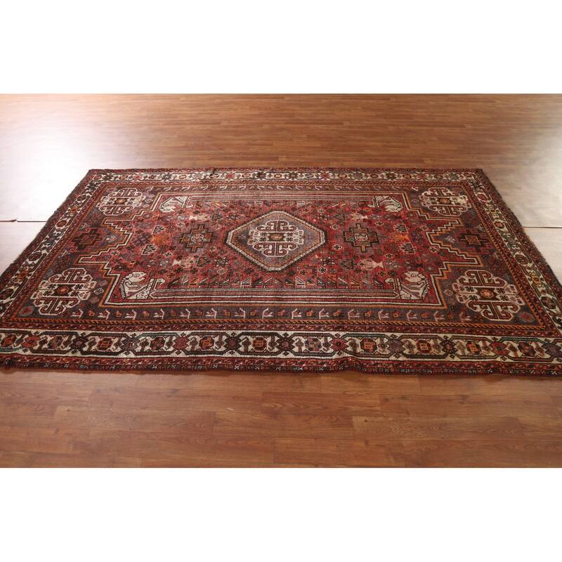 Tribal Pink Qashqai Persian Vintage Area Rug Handmade Wool Carpet - 5'4"x 8'6"