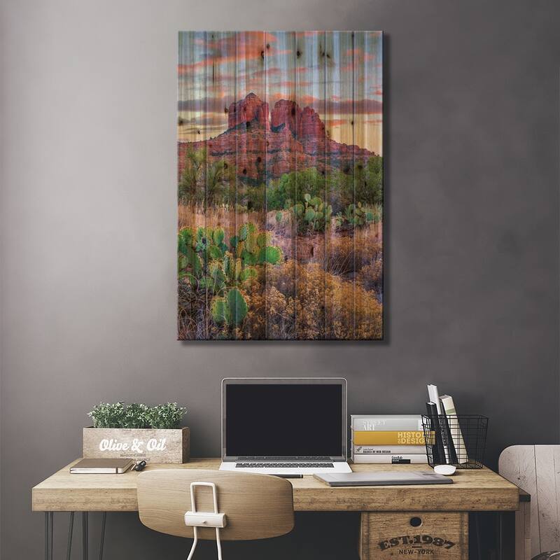Opuntia Cacti, Cathedral Rock, Sedona, Arizona Print On Wood by Tim Fitzharris - Multi-Color