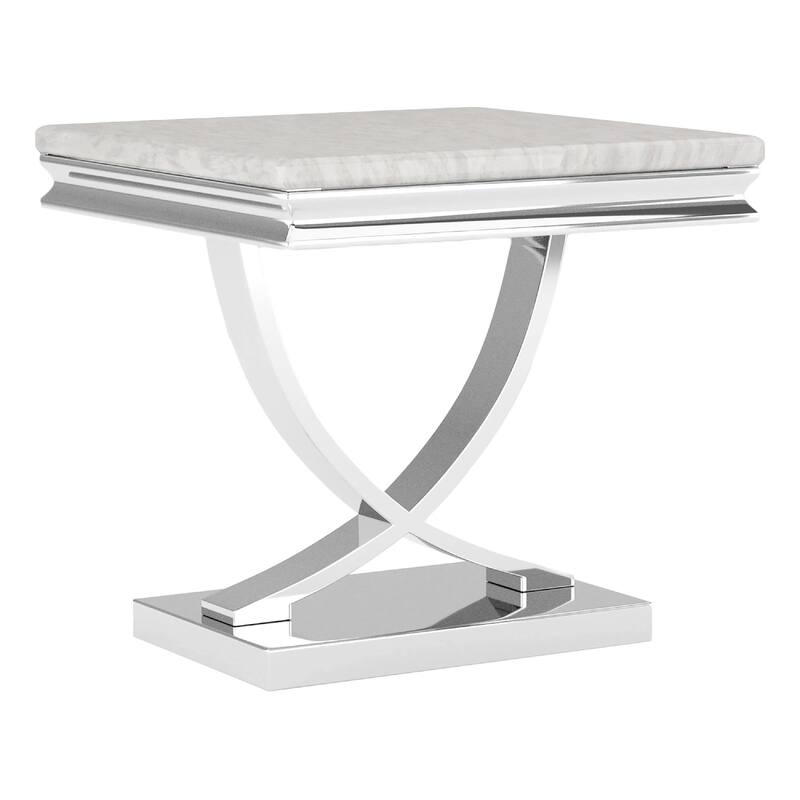 Wety Side End Table, 24 Inch Faux Marble Top, Curved Chrome Pedestal