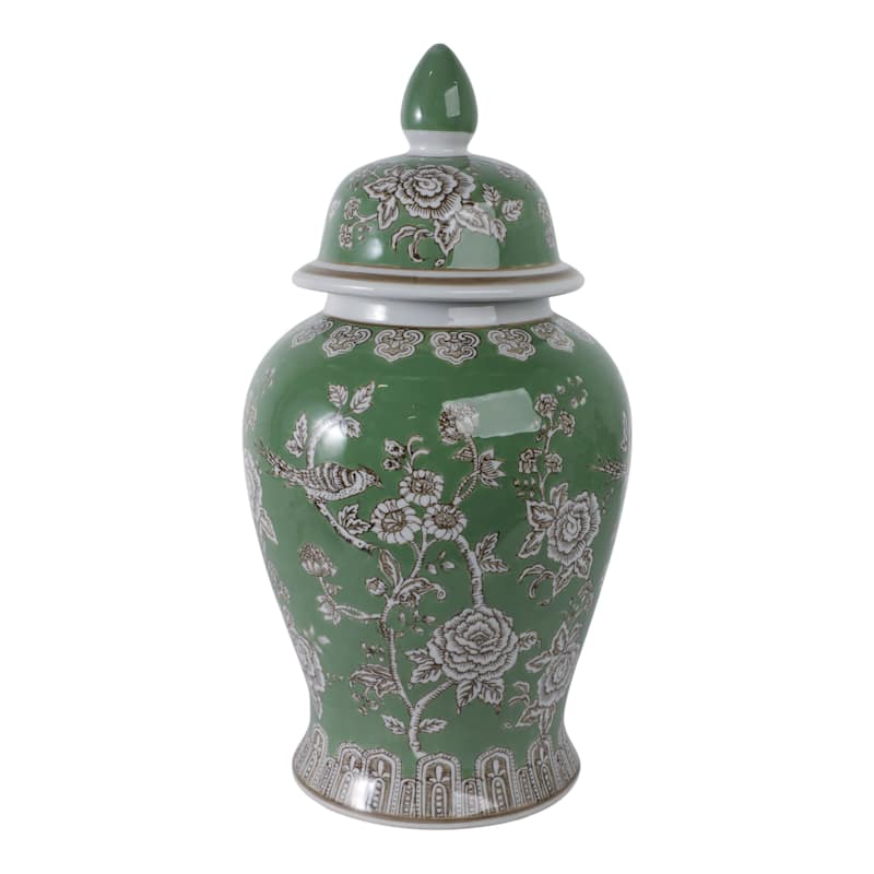 Ceramic Decorative Temple Jar Bird Flower with Lid for Home Decor