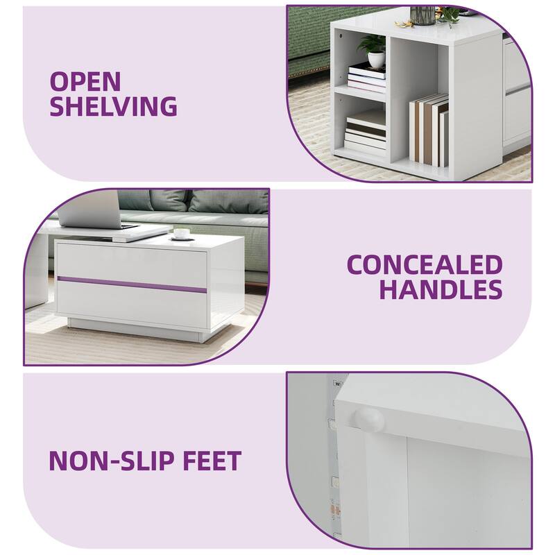 Moasis Modern Convertible Coffee Table w/4 Drawers and Open Shelves, LED Center Table for Living Room