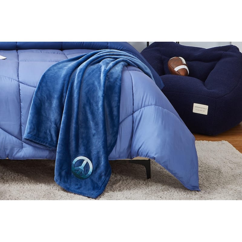 Aeropostale 50"x70" Luxurious Navy Soft Plush Oversized Throw Blanket with Decorative Peace Sign Patch