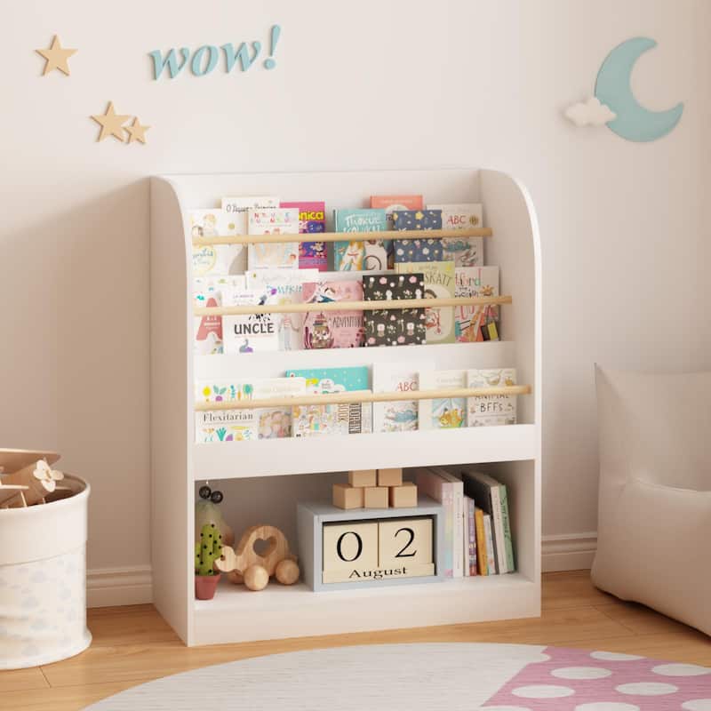 Anmytek 3-Tier Kids Bookcase with Storage Bin, Front-Facing Display for Toddlers, White with Wooden Guardrails