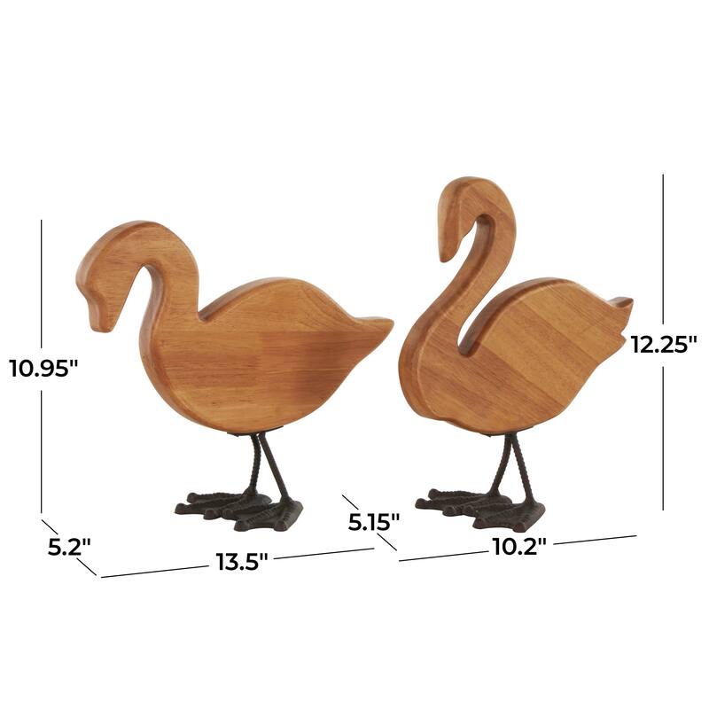 Brown Wood Abstract Minimalistic Duck Decorative Garden Sculpture with Black Metal Feet (Set of 2)