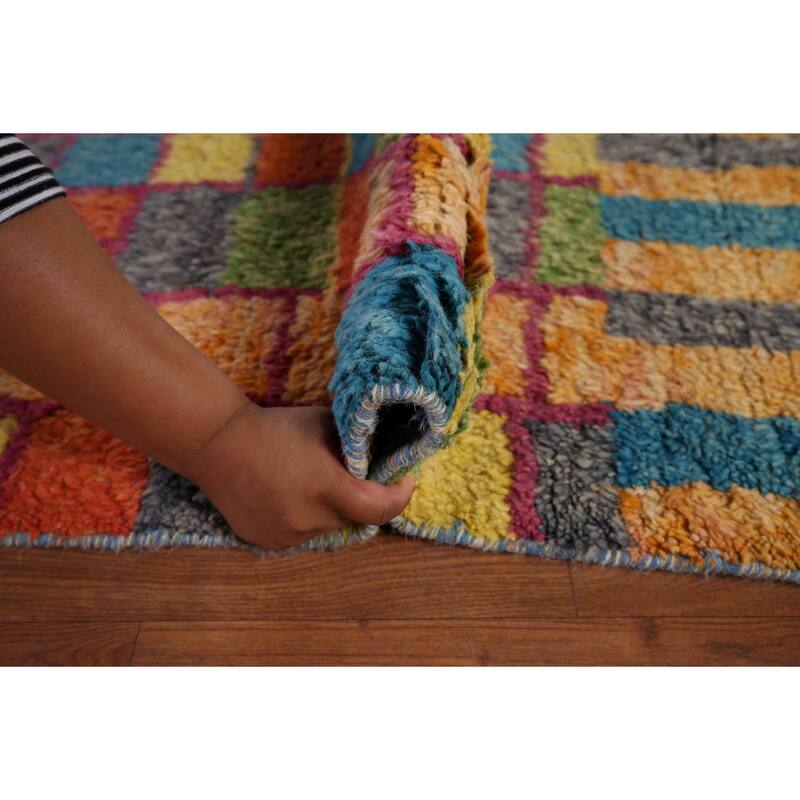 Colorful Checkered Moroccan Plush Area Rug Handmade Wool Carpet - 8'8" x 12'9"