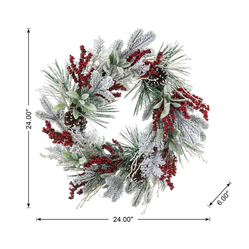 Glitzhome Artificial Christmas 5-Piece Set, 4ft Snow Flocked Artificial Potted Trees, Pinecone Berry Wreath and Teardrops