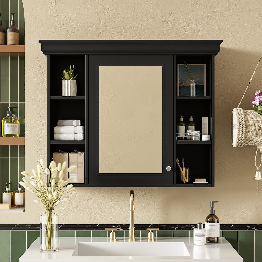 35" x 28" Black Wall Mounted Bathroom Storage Cabinet with Mirror Door, Modern Bathroom Wall Cabinet with Mirror