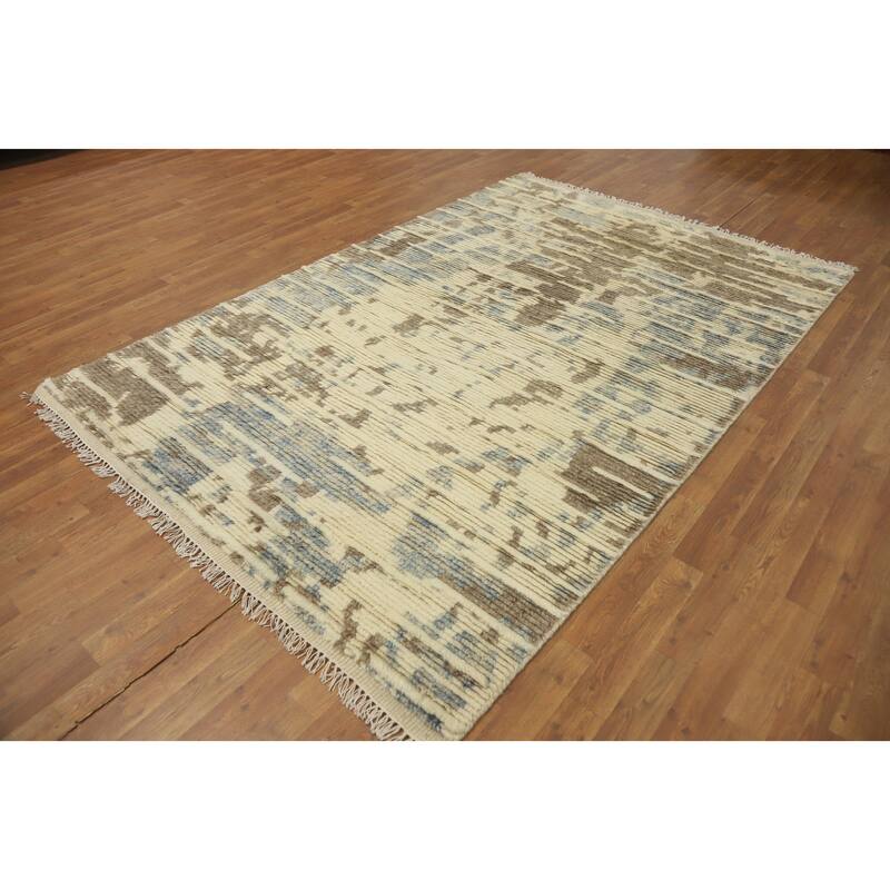 Hand-knotted Modern Wool Beige Abstract Area Rug Oriental Carpet - 8' 3'' X 5' 6''