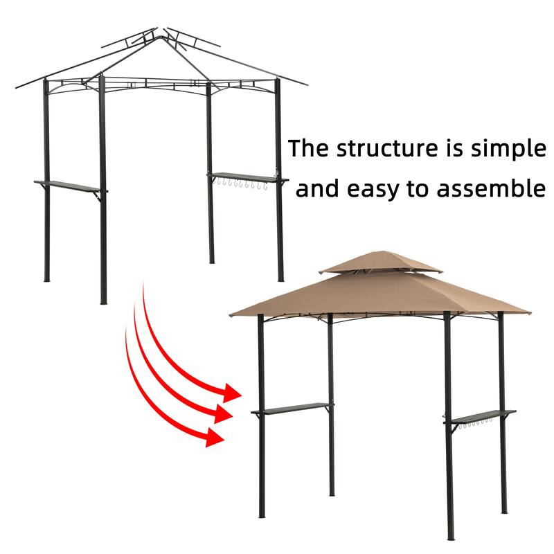 8x5 Ft Double Tier Grill Gazebo with Steel Frame, Canopy & Bar Counters, Khaki