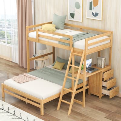 Twin Over Full Bunk Bed with Built-in Desk and Storage Drawers