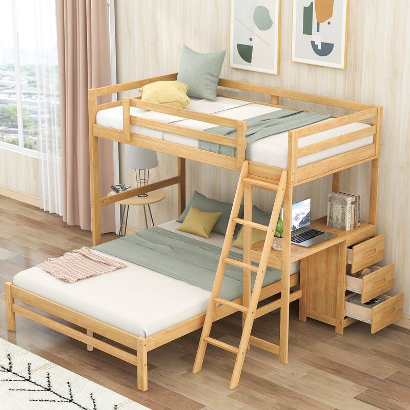 Twin over Full L-Shaped Bunk Bed Multi-Functional Pine Wood Bunk Bed Frame with All-in-One Desk and 3 Drawers