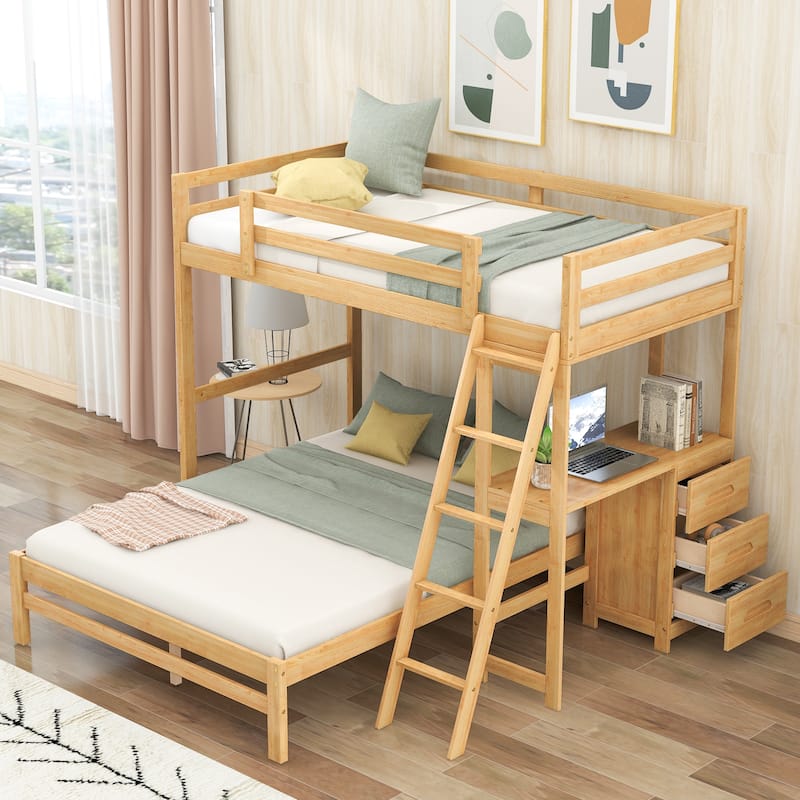 Twin over Full Pine Bunk Bed, Equipped with A Desk and Three Drawers