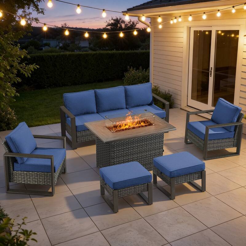 Meyreso Wicker Patio Conversation Set with Fire Pit Table & Olefin Cushions - Gray / Navy Cushions - 6-Piece