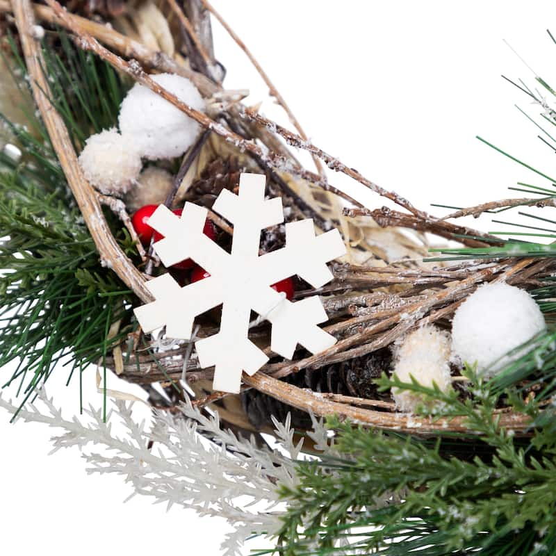 Snowflakes and Berries Winter Foliage Christmas Wreath - 13" - Unlit