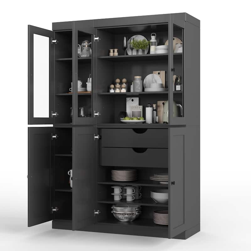 Palace Imports 100% Solid Wood 48.5" Pantry Cabinet with Clear Glass, Shaker Doors, 2-Drawers and Adjustable Shelves - Gray