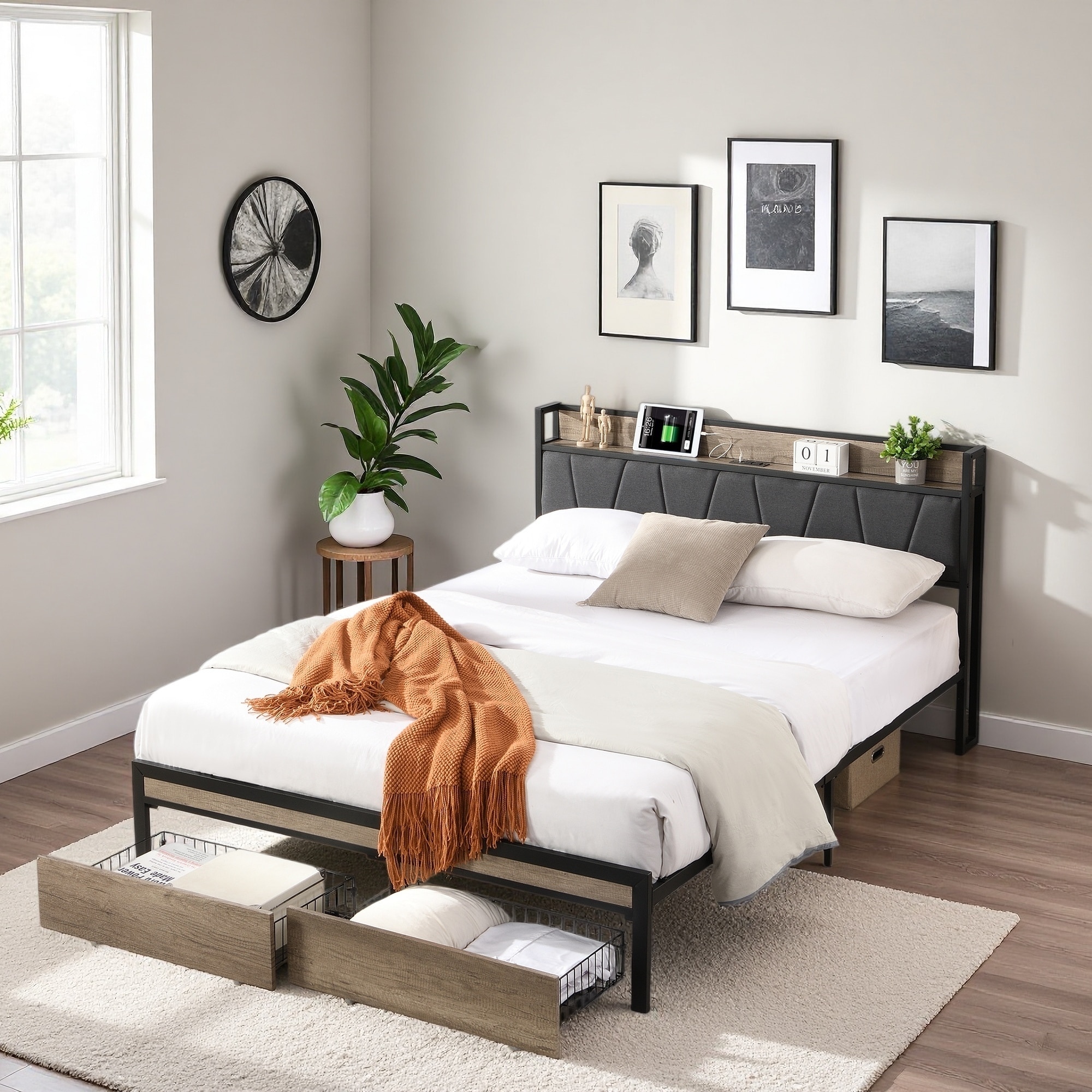 Metal Platform Bed Frame with Upholstered Storage Headboard, USB Port, and Drawers