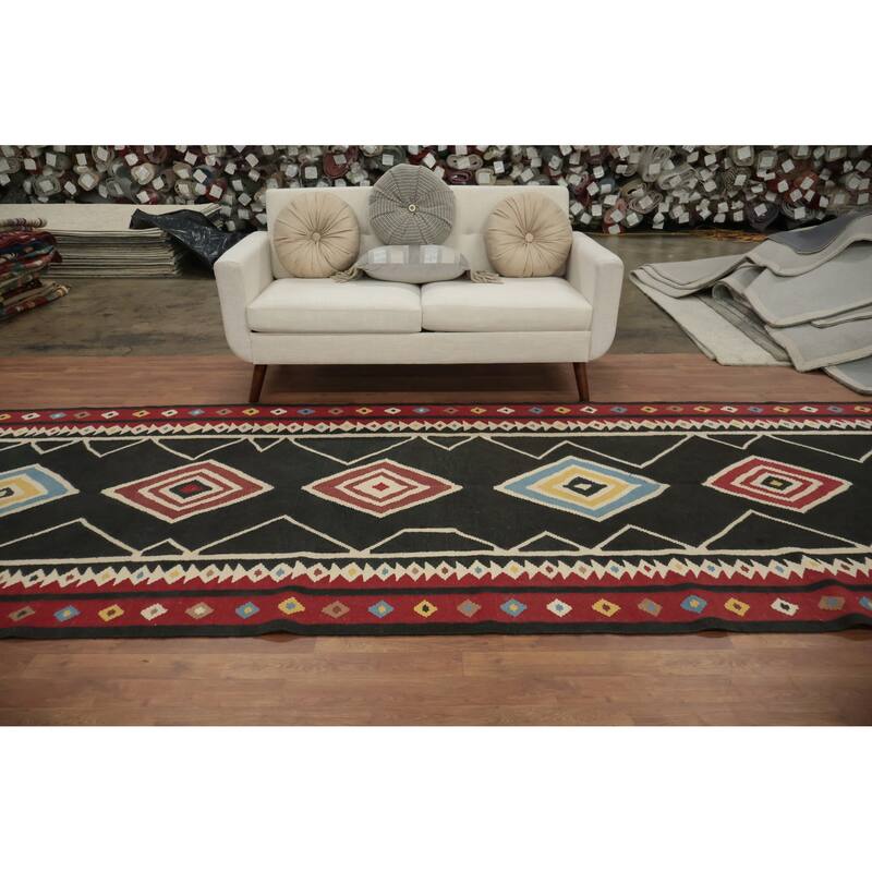 Hand Woven Oriental 100% Wool Carpet Southwestern Tribal Black Kilim Runner Rug - 17' 7'' X 5' 0''