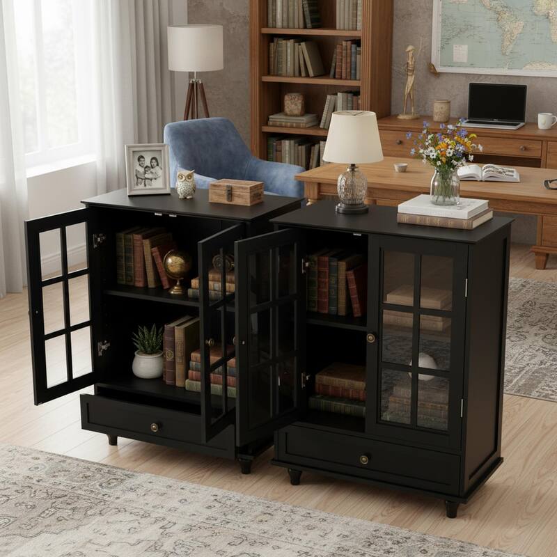 Homy Casa Minimalist Buffet Cabinet with Glass Doors & Drawer, Storage Sideboard, Kitchen Living & Dining Room Hallway Entryway
