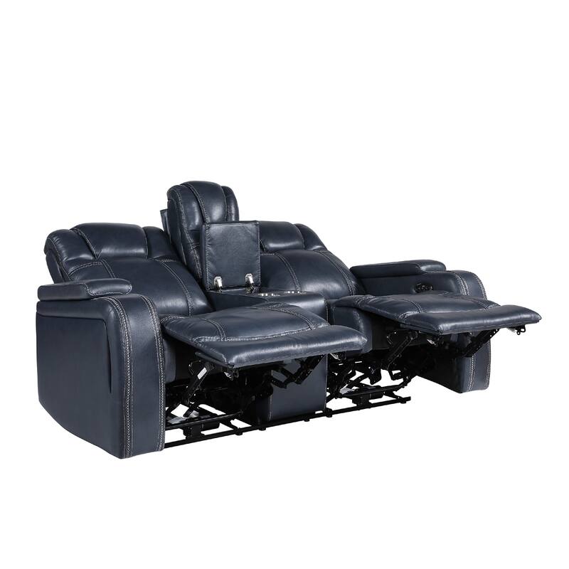 Ezia Power Double Recliner Loveseat, Console, Blue Leather, 74 Inch