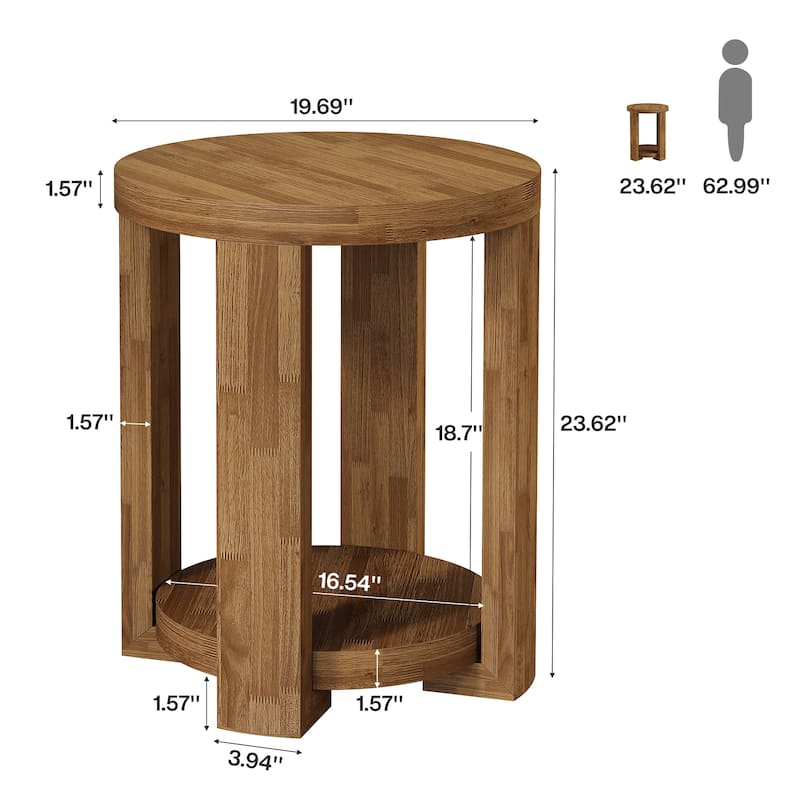 Side Table, 2-Tier Round End Table, Small Bedside Accent Furniture for Living Room, Bedroom